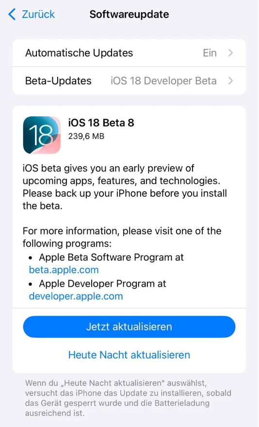 周矶管理区苹果手机维修分享苹果 iOS / iPadOS 18 开发者预览版 Beta 8 发布 